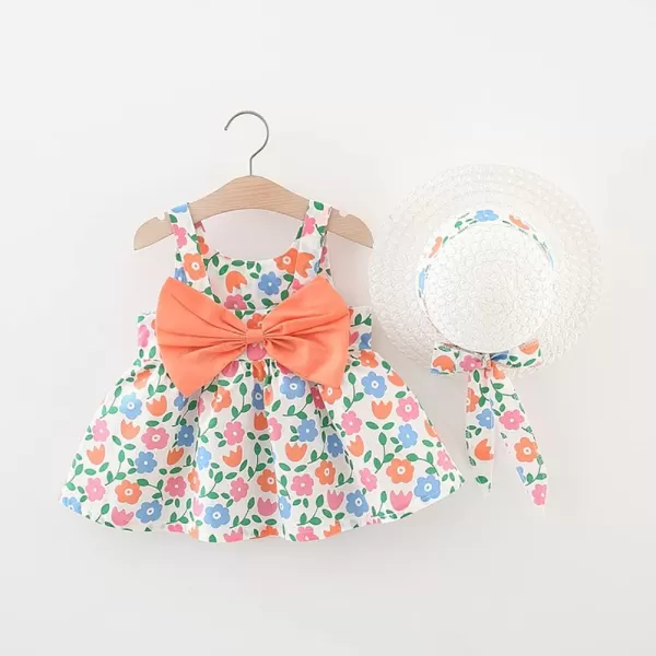 IDOPIP Baby Girl Tutu Dress Summer Sleeveless Backless Princess Birthday Party Dresses Flower Bow Sundress with Straw Hat SetOrange Flower  Bow