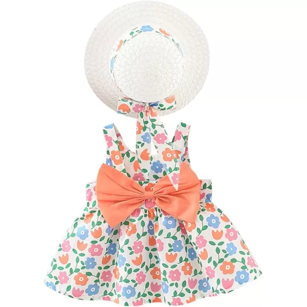 IDOPIP Baby Girl Tutu Dress Summer Sleeveless Backless Princess Birthday Party Dresses Flower Bow Sundress with Straw Hat SetOrange Flower  Bow