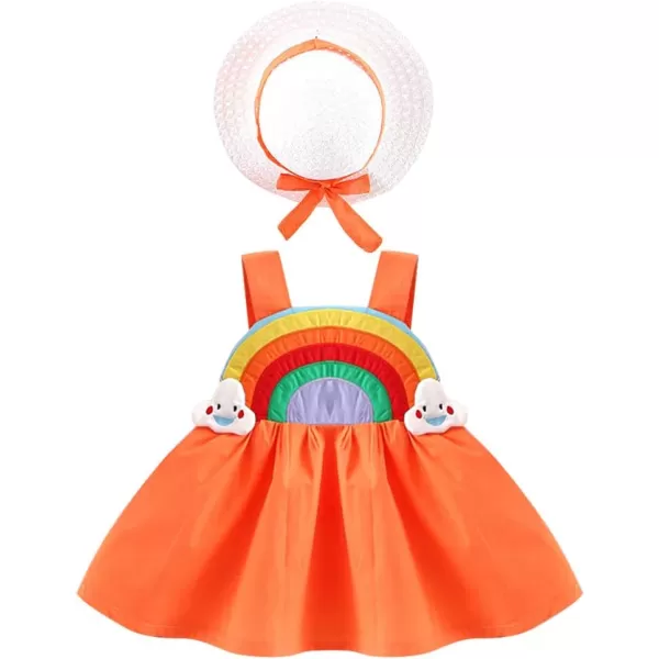 IDOPIP Baby Girl Tutu Dress Summer Sleeveless Backless Princess Birthday Party Dresses Flower Bow Sundress with Straw Hat SetOrange Rainbow