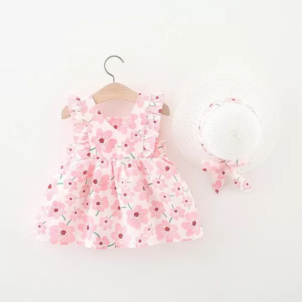 IDOPIP Baby Girl Tutu Dress Summer Sleeveless Backless Princess Birthday Party Dresses Flower Bow Sundress with Straw Hat SetPink Flower  Ruffle