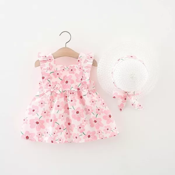 IDOPIP Baby Girl Tutu Dress Summer Sleeveless Backless Princess Birthday Party Dresses Flower Bow Sundress with Straw Hat SetPink Flower  Ruffle