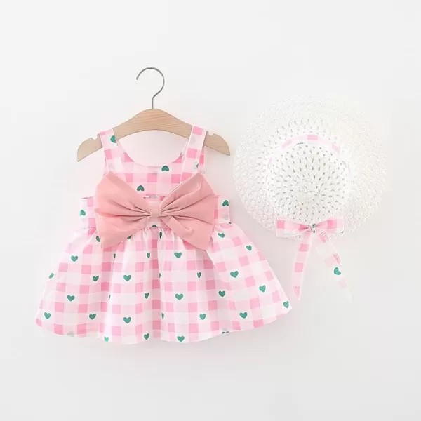 IDOPIP Baby Girl Tutu Dress Summer Sleeveless Backless Princess Birthday Party Dresses Flower Bow Sundress with Straw Hat SetPink Heart  Plaid