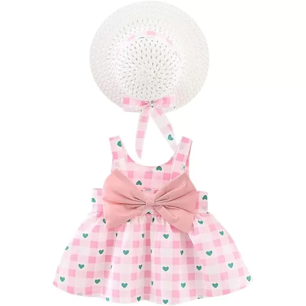 IDOPIP Baby Girl Tutu Dress Summer Sleeveless Backless Princess Birthday Party Dresses Flower Bow Sundress with Straw Hat SetPink Heart  Plaid