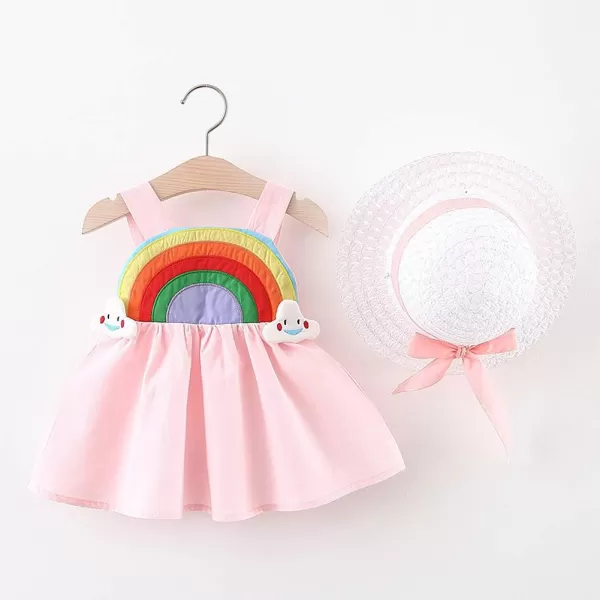 IDOPIP Baby Girl Tutu Dress Summer Sleeveless Backless Princess Birthday Party Dresses Flower Bow Sundress with Straw Hat SetPink Rainbow