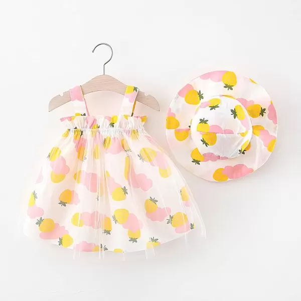 IDOPIP Baby Girl Tutu Dress Summer Sleeveless Backless Princess Birthday Party Dresses Flower Bow Sundress with Straw Hat SetPink Strawberry  Mesh