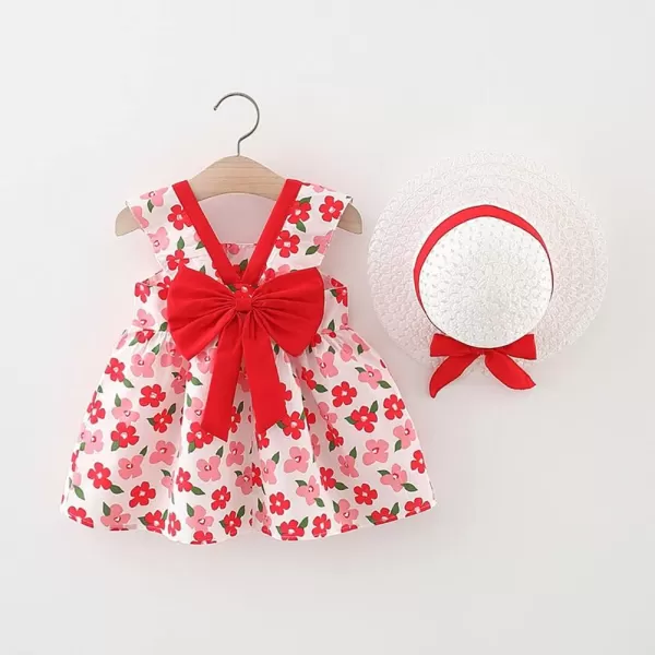 IDOPIP Baby Girl Tutu Dress Summer Sleeveless Backless Princess Birthday Party Dresses Flower Bow Sundress with Straw Hat SetRed Flower  Bow