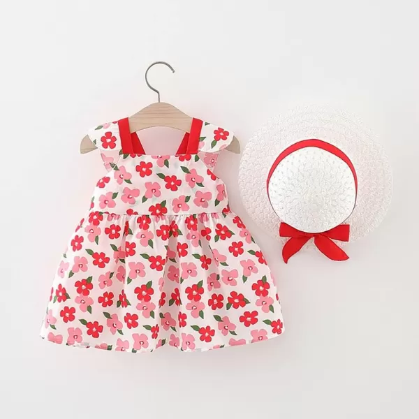 IDOPIP Baby Girl Tutu Dress Summer Sleeveless Backless Princess Birthday Party Dresses Flower Bow Sundress with Straw Hat SetRed Flower  Bow