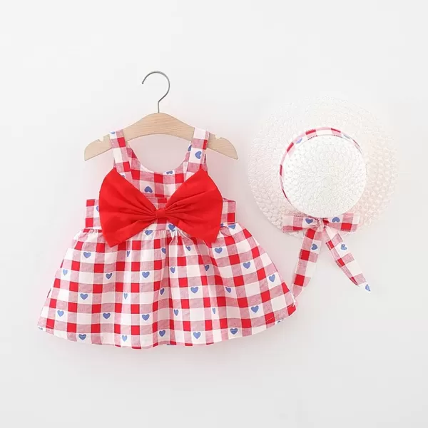 IDOPIP Baby Girl Tutu Dress Summer Sleeveless Backless Princess Birthday Party Dresses Flower Bow Sundress with Straw Hat SetRed Heart  Plaid