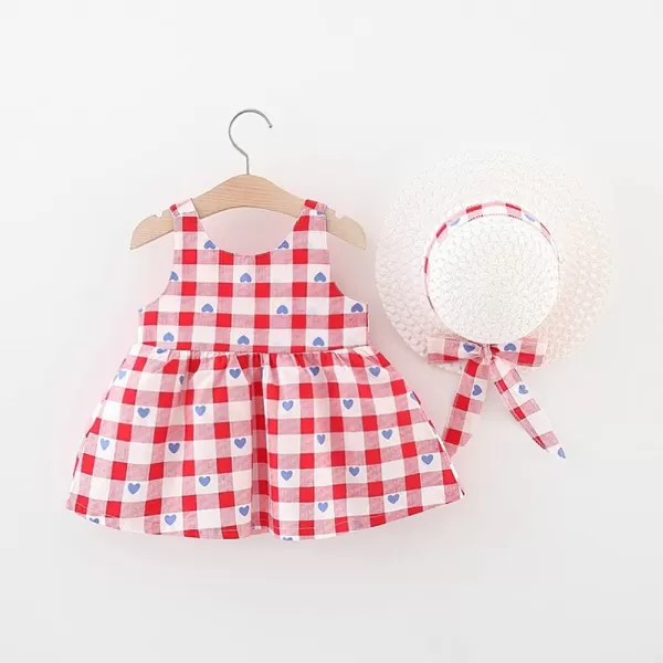 IDOPIP Baby Girl Tutu Dress Summer Sleeveless Backless Princess Birthday Party Dresses Flower Bow Sundress with Straw Hat SetRed Heart  Plaid