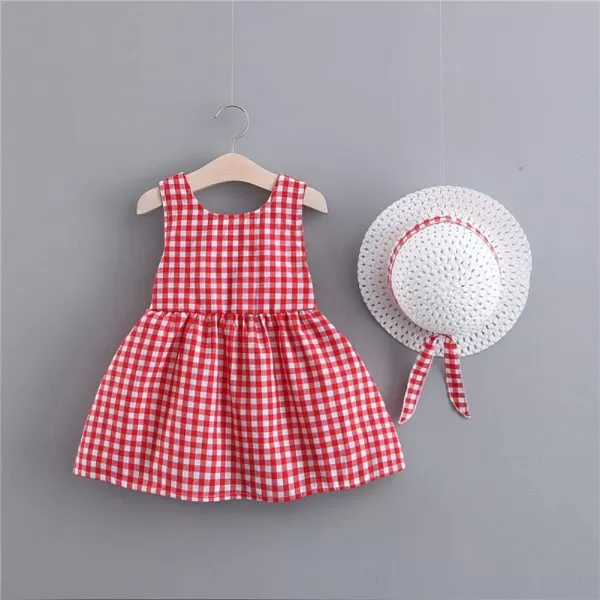 IDOPIP Baby Girl Tutu Dress Summer Sleeveless Backless Princess Birthday Party Dresses Flower Bow Sundress with Straw Hat SetRed Plaid