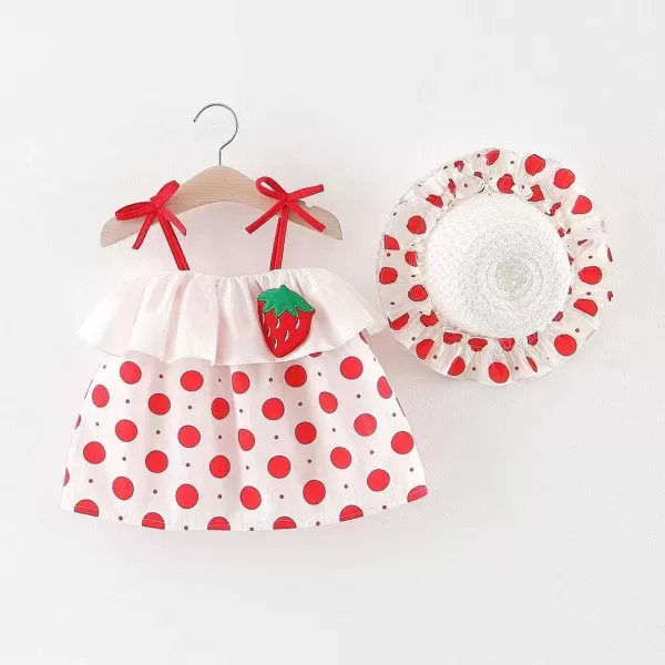 IDOPIP Baby Girl Tutu Dress Summer Sleeveless Backless Princess Birthday Party Dresses Flower Bow Sundress with Straw Hat SetRed Strawberry Dot