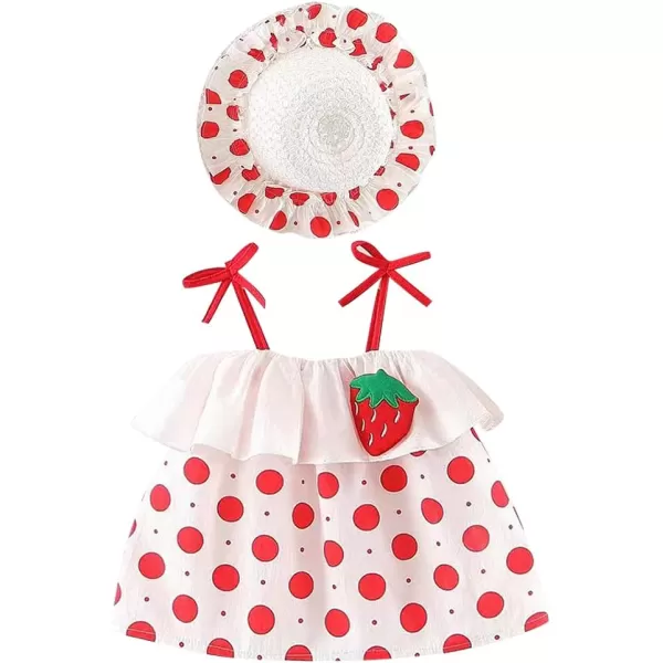 IDOPIP Baby Girl Tutu Dress Summer Sleeveless Backless Princess Birthday Party Dresses Flower Bow Sundress with Straw Hat SetRed Strawberry Dot