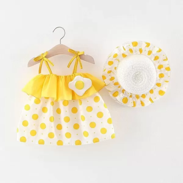 IDOPIP Baby Girl Tutu Dress Summer Sleeveless Backless Princess Birthday Party Dresses Flower Bow Sundress with Straw Hat SetYellow Ege Dot