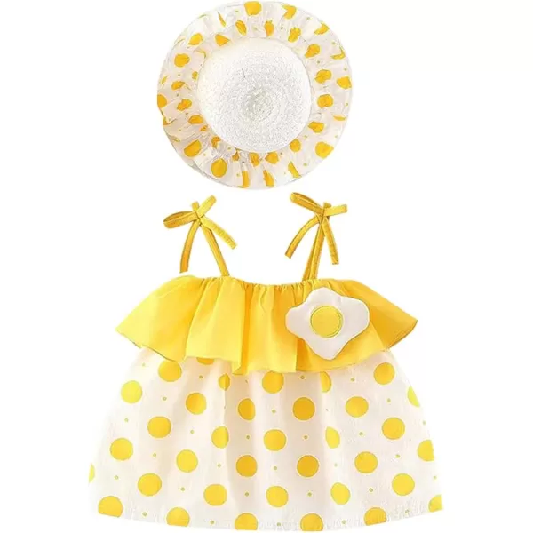 IDOPIP Baby Girl Tutu Dress Summer Sleeveless Backless Princess Birthday Party Dresses Flower Bow Sundress with Straw Hat SetYellow Ege Dot