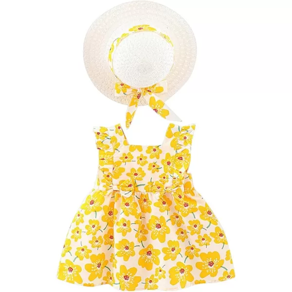 IDOPIP Baby Girl Tutu Dress Summer Sleeveless Backless Princess Birthday Party Dresses Flower Bow Sundress with Straw Hat SetYellow Flower  Ruffle