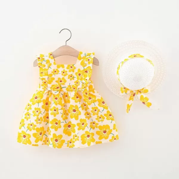 IDOPIP Baby Girl Tutu Dress Summer Sleeveless Backless Princess Birthday Party Dresses Flower Bow Sundress with Straw Hat SetYellow Flower  Ruffle