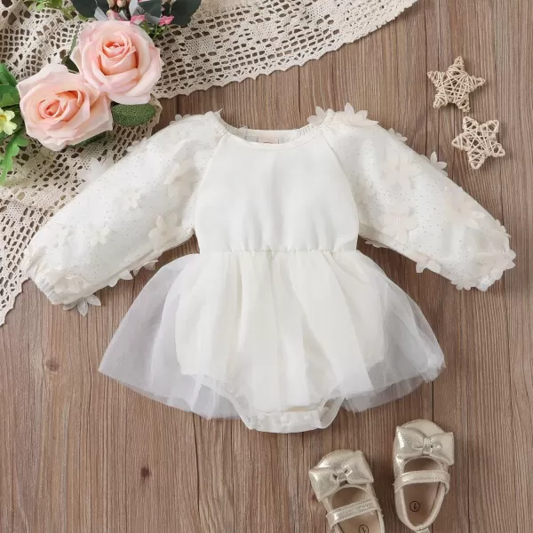 IDOPIP Baby Girls Boho Lace Romper Dress Headband 1st Birthday Outfit Toddler Princess Baptism Long Sleeve Fall Dress ClothesBeige  Flower