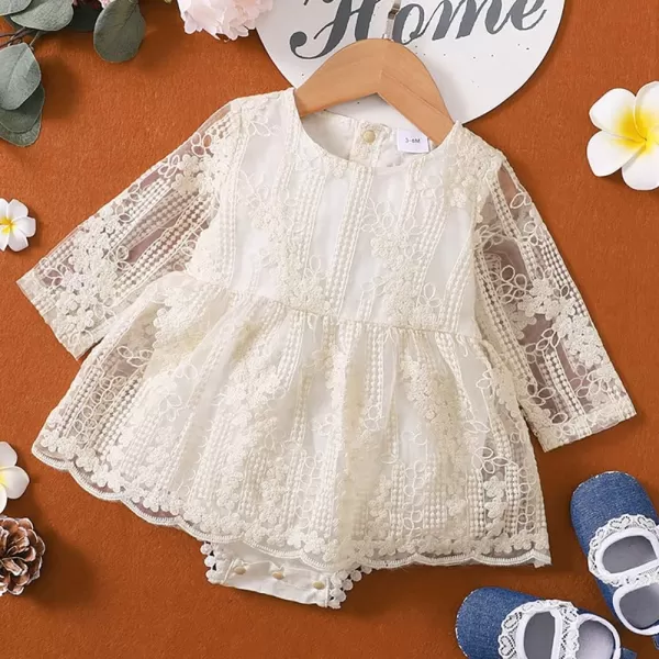 IDOPIP Baby Girls Boho Lace Romper Dress Headband 1st Birthday Outfit Toddler Princess Baptism Long Sleeve Fall Dress ClothesBeige  Mesh