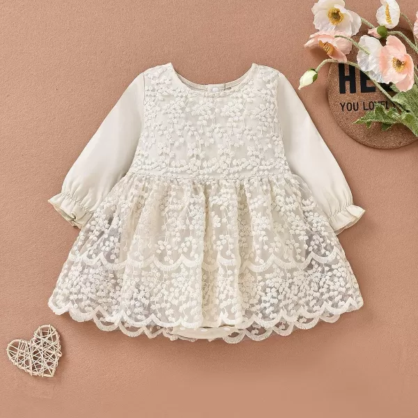 IDOPIP Baby Girls Boho Lace Romper Dress Headband 1st Birthday Outfit Toddler Princess Baptism Long Sleeve Fall Dress ClothesBeige  Ruffle