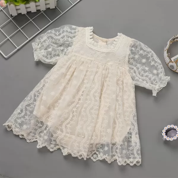 IDOPIP Baby Girls Boho Lace Romper Dress Headband 1st Birthday Outfit Toddler Princess Baptism Long Sleeve Fall Dress ClothesBeige  Short Sleeve