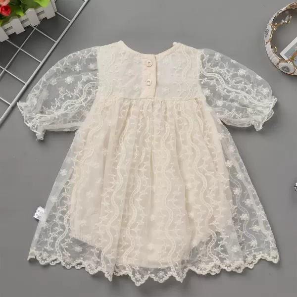 IDOPIP Baby Girls Boho Lace Romper Dress Headband 1st Birthday Outfit Toddler Princess Baptism Long Sleeve Fall Dress ClothesBeige  Short Sleeve