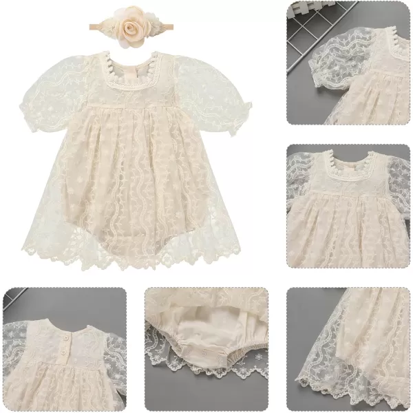 IDOPIP Baby Girls Boho Lace Romper Dress Headband 1st Birthday Outfit Toddler Princess Baptism Long Sleeve Fall Dress ClothesBeige  Short Sleeve