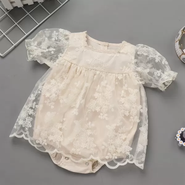 IDOPIP Baby Girls Boho Lace Romper Dress Headband 1st Birthday Outfit Toddler Princess Baptism Long Sleeve Fall Dress ClothesBeige