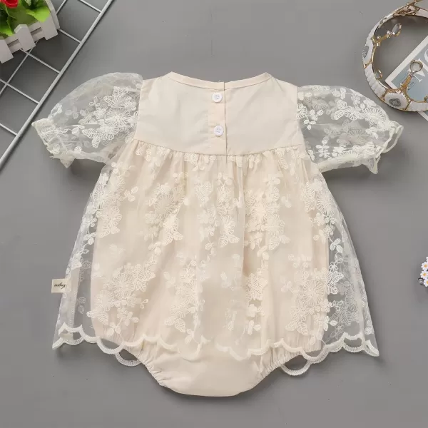 IDOPIP Baby Girls Boho Lace Romper Dress Headband 1st Birthday Outfit Toddler Princess Baptism Long Sleeve Fall Dress ClothesBeige