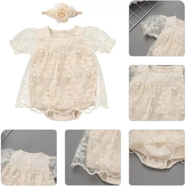 IDOPIP Baby Girls Boho Lace Romper Dress Headband 1st Birthday Outfit Toddler Princess Baptism Long Sleeve Fall Dress ClothesBeige