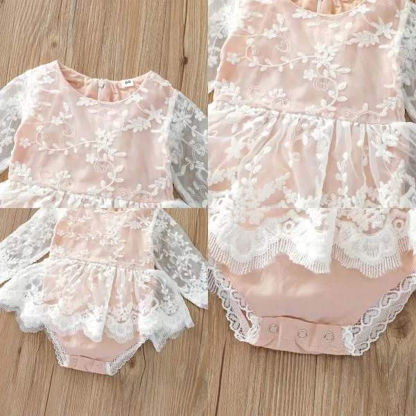 IDOPIP Baby Girls Boho Lace Romper Dress Headband 1st Birthday Outfit Toddler Princess Baptism Long Sleeve Fall Dress ClothesPink