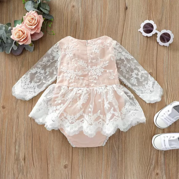 IDOPIP Baby Girls Boho Lace Romper Dress Headband 1st Birthday Outfit Toddler Princess Baptism Long Sleeve Fall Dress ClothesPink