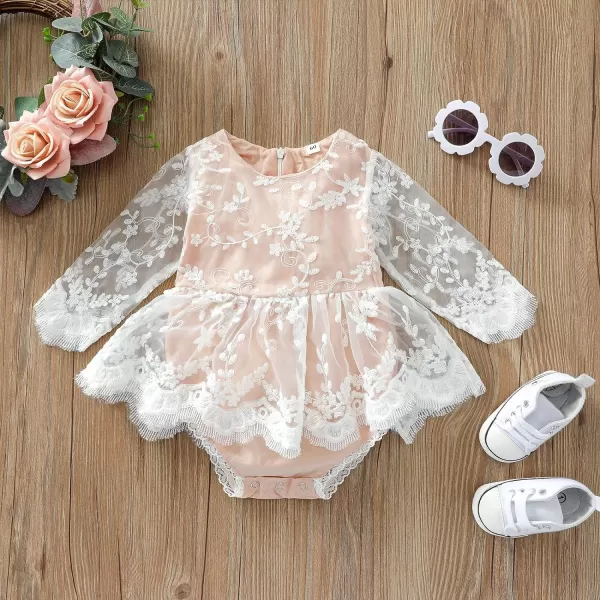 IDOPIP Baby Girls Boho Lace Romper Dress Headband 1st Birthday Outfit Toddler Princess Baptism Long Sleeve Fall Dress ClothesPink