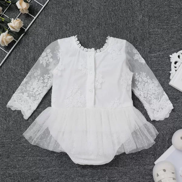 IDOPIP Baby Girls Boho Lace Romper Dress Headband 1st Birthday Outfit Toddler Princess Baptism Long Sleeve Fall Dress ClothesWhite