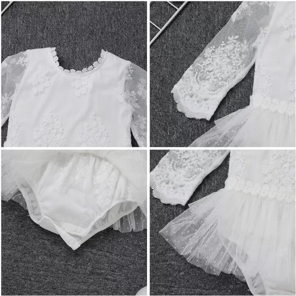 IDOPIP Baby Girls Boho Lace Romper Dress Headband 1st Birthday Outfit Toddler Princess Baptism Long Sleeve Fall Dress ClothesWhite