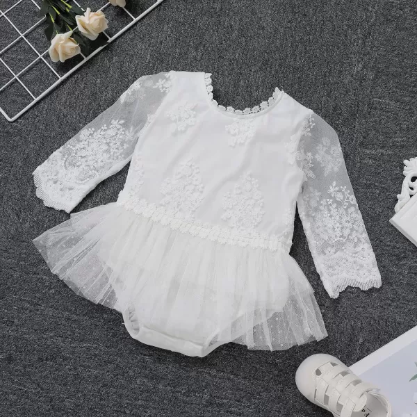 IDOPIP Baby Girls Boho Lace Romper Dress Headband 1st Birthday Outfit Toddler Princess Baptism Long Sleeve Fall Dress ClothesWhite