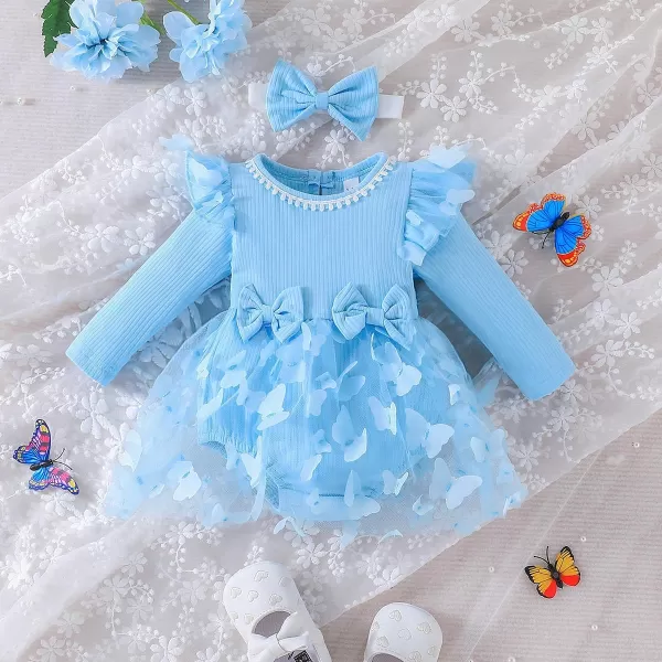 IDOPIP Baby Girls Butterfly Tutu Dress Long Sleeve Romper Tutu Skirt  Headband 2PCS Winter Fall 1st Birthday Outfit ClothesBlue