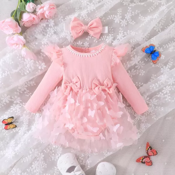 IDOPIP Baby Girls Butterfly Tutu Dress Long Sleeve Romper Tutu Skirt  Headband 2PCS Winter Fall 1st Birthday Outfit ClothesPink