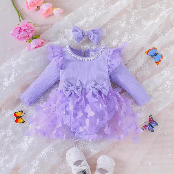 IDOPIP Baby Girls Butterfly Tutu Dress Long Sleeve Romper Tutu Skirt  Headband 2PCS Winter Fall 1st Birthday Outfit ClothesPurple