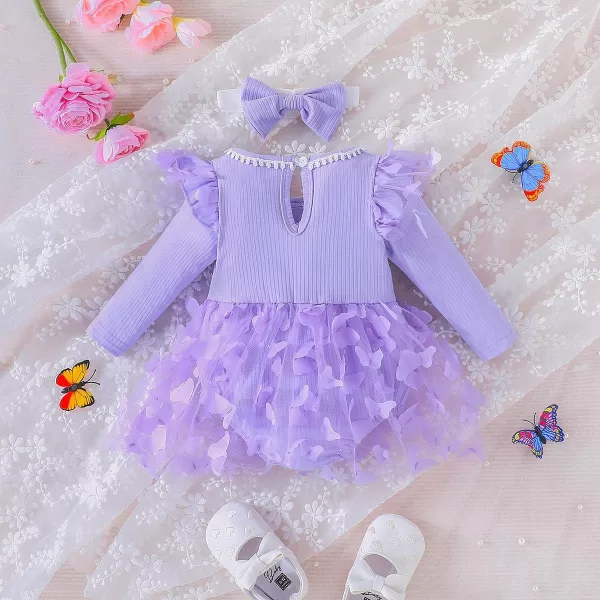 IDOPIP Baby Girls Butterfly Tutu Dress Long Sleeve Romper Tutu Skirt  Headband 2PCS Winter Fall 1st Birthday Outfit ClothesPurple