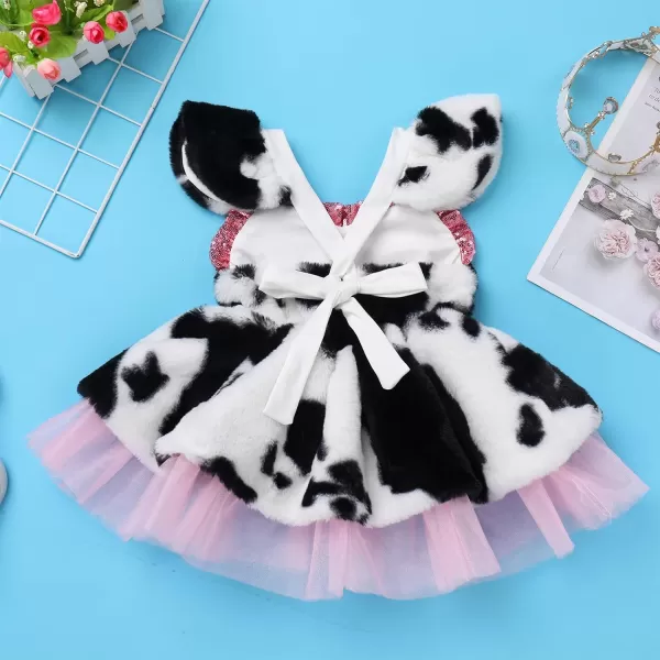 IDOPIP Baby Girls Farm Cow Dalmatian Dog Costume Tutu Dress Set with Ear Headband for Halloween Birthday Party Dress up 324MWhite Cow