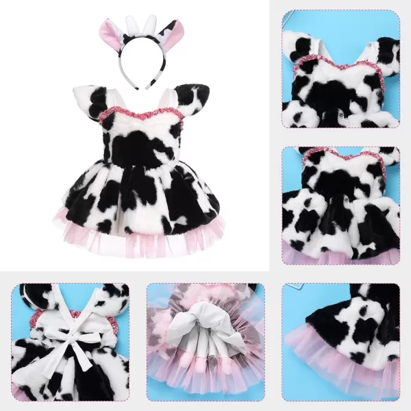 IDOPIP Baby Girls Farm Cow Dalmatian Dog Costume Tutu Dress Set with Ear Headband for Halloween Birthday Party Dress up 324MWhite Cow