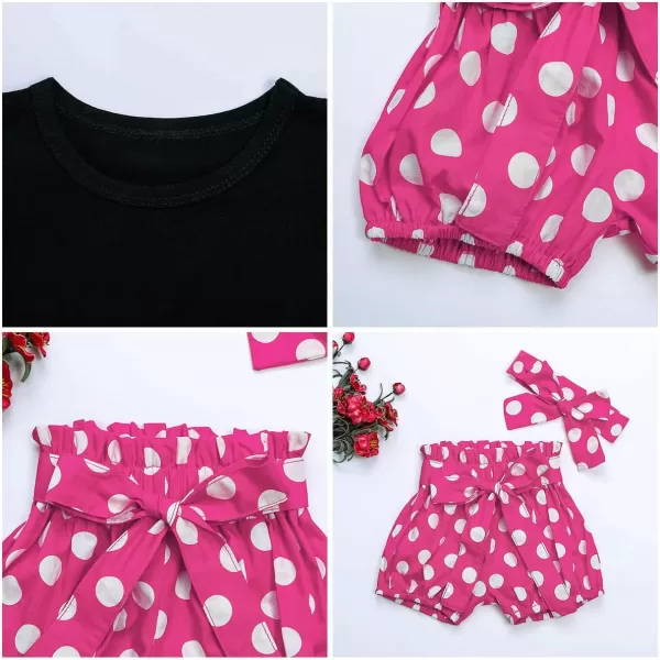 IDOPIP Baby Girls Ruffle Sleeves Romper TopPolka Dots Shorts Pants Set with Headband Birthday Outfit Summer Boutique ClothesHot Pink