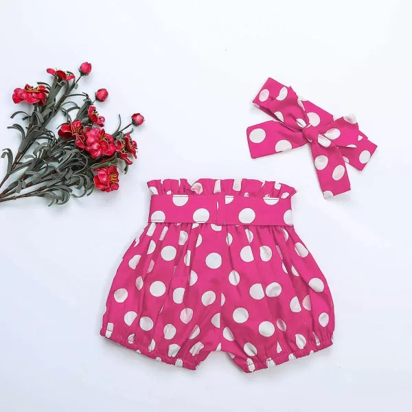 IDOPIP Baby Girls Ruffle Sleeves Romper TopPolka Dots Shorts Pants Set with Headband Birthday Outfit Summer Boutique ClothesHot Pink