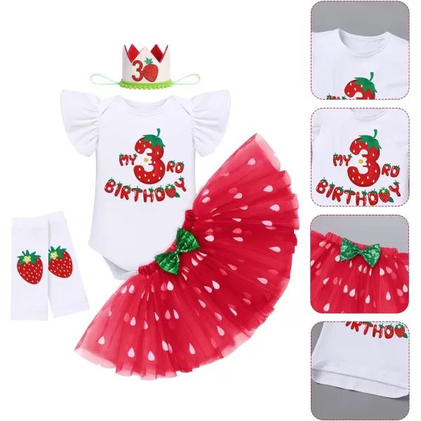 IDOPIP Baby Girls Strawberry 12 1st 2nd 3rd Birthday Outfit Romper Tutu Skirt Headband Warmers for Cake Smash Photo ShootRed Strawberry  3rd Birthday