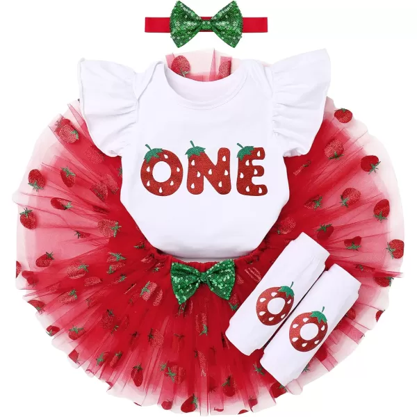 IDOPIP Baby Girls Strawberry 12 1st 2nd 3rd Birthday Outfit Romper Tutu Skirt Headband Warmers for Cake Smash Photo ShootRed Strawberry  One