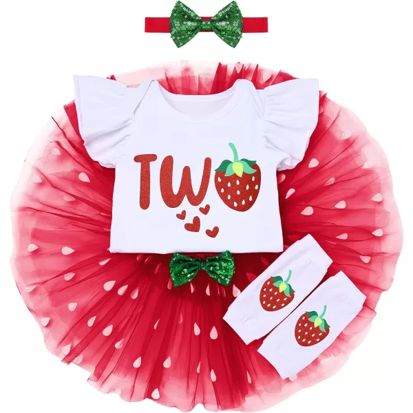 IDOPIP Baby Girls Strawberry 12 1st 2nd 3rd Birthday Outfit Romper Tutu Skirt Headband Warmers for Cake Smash Photo ShootRed Strawberry  Two Heart