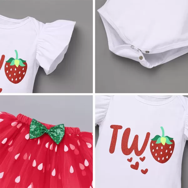 IDOPIP Baby Girls Strawberry 12 1st 2nd 3rd Birthday Outfit Romper Tutu Skirt Headband Warmers for Cake Smash Photo ShootRed Strawberry  Two Heart