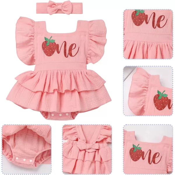IDOPIP Baby Girls Strawberry Watermelon 1st Birthday Outfit Shiny One Romper Tutu Dress with Headband for Cake Smash PhotoPink  Strawberry