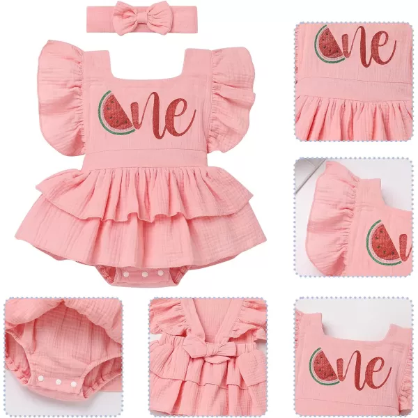 IDOPIP Baby Girls Strawberry Watermelon 1st Birthday Outfit Shiny One Romper Tutu Dress with Headband for Cake Smash PhotoPink  Watermelon