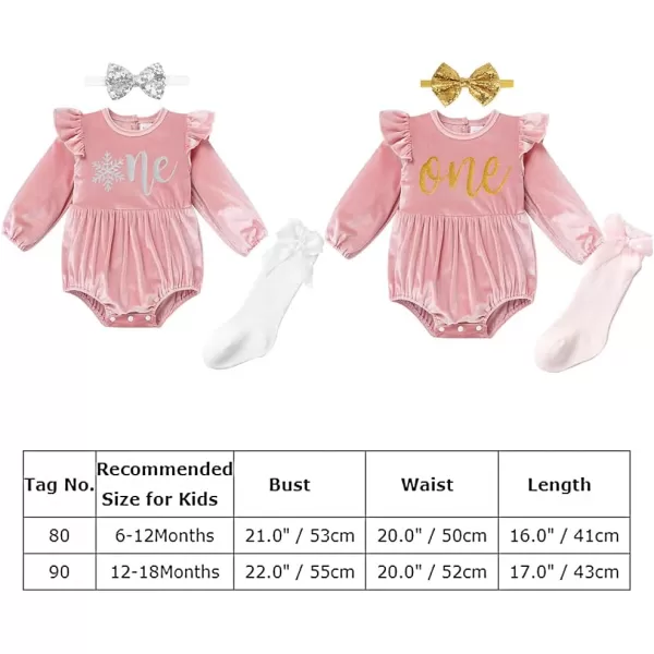 IDOPIP Baby Girls Velvet Romper Christmas Snowflake Romper Bodysuit Headband Socks Birthday Outfit Long Sleeve Fall ClothesPink One 3pcs